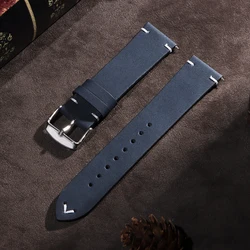 Vintage Brown Leather Quick Release Watch Strap - Unisex Wristband Replacement - 22mm (Blue)