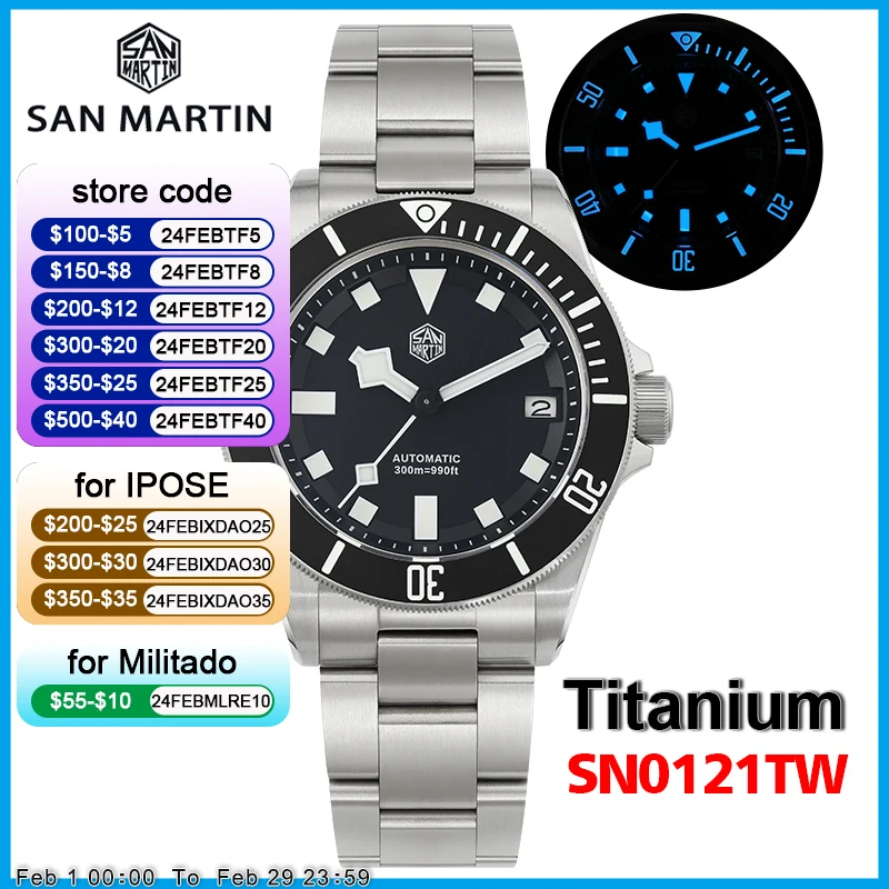 Watchdives X San Martin Orologio Subacqueo In Titanio Sn0121T Sapphire Nh35 Lunetta Automatica In Ceramica 30Bar Bgw-9 Orologio Da Polso Luminoso 39Mm