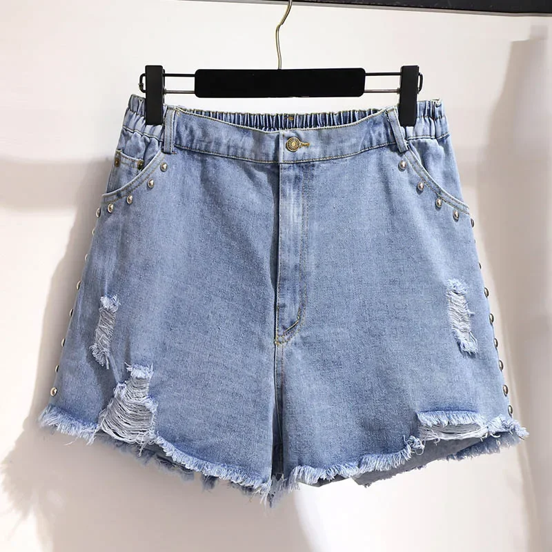 

2024 New Summer Denim Shorts Women Korean Fashion Ripped Holes High Waist Short Jeans Female Casual Street Wide Leg Short Pants