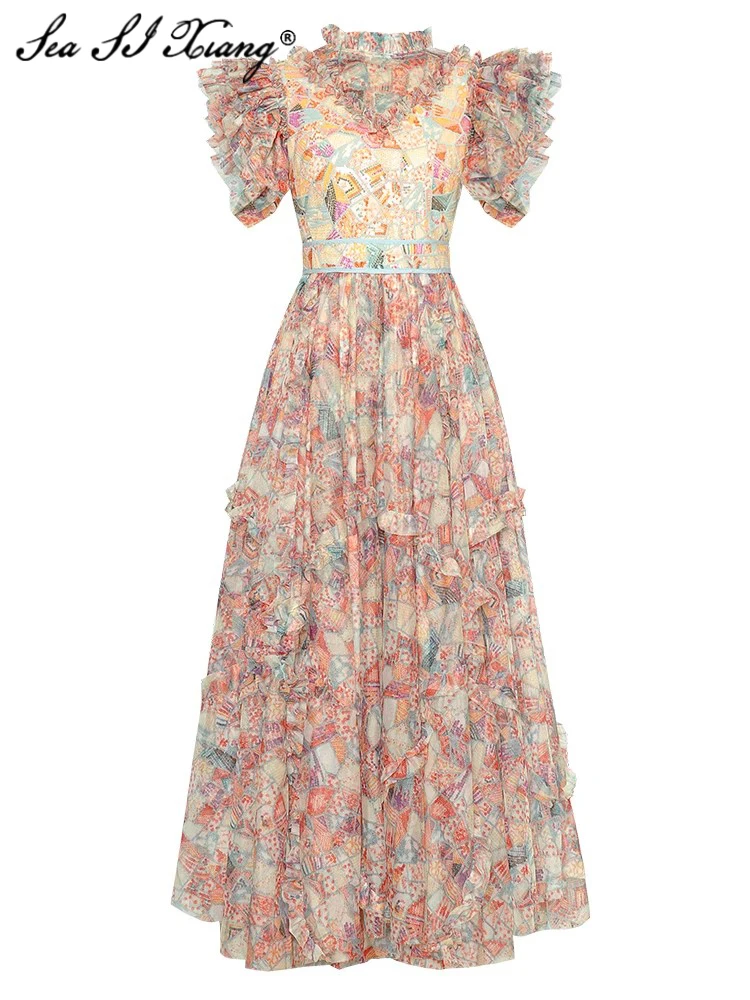 

Seasixiang Fashion Designer Summer Dress Women's Stand Collar Flying Sleeve Sequins Ruffles Multicolor Print Vintage Dresses