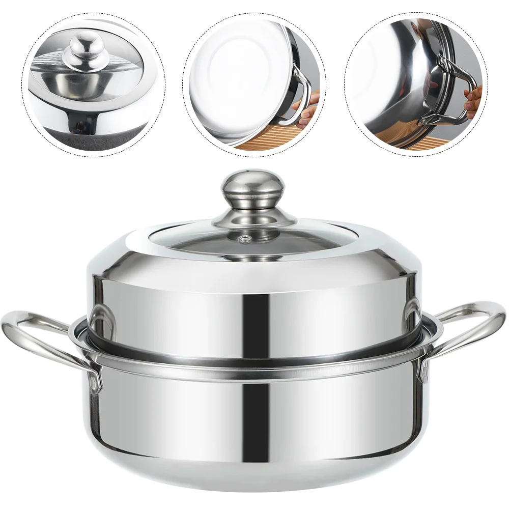 Hotpot Double Layer Soup Steamer Reusable for Food Household Steaming Cookware Silver Stainless Steel Stockpot