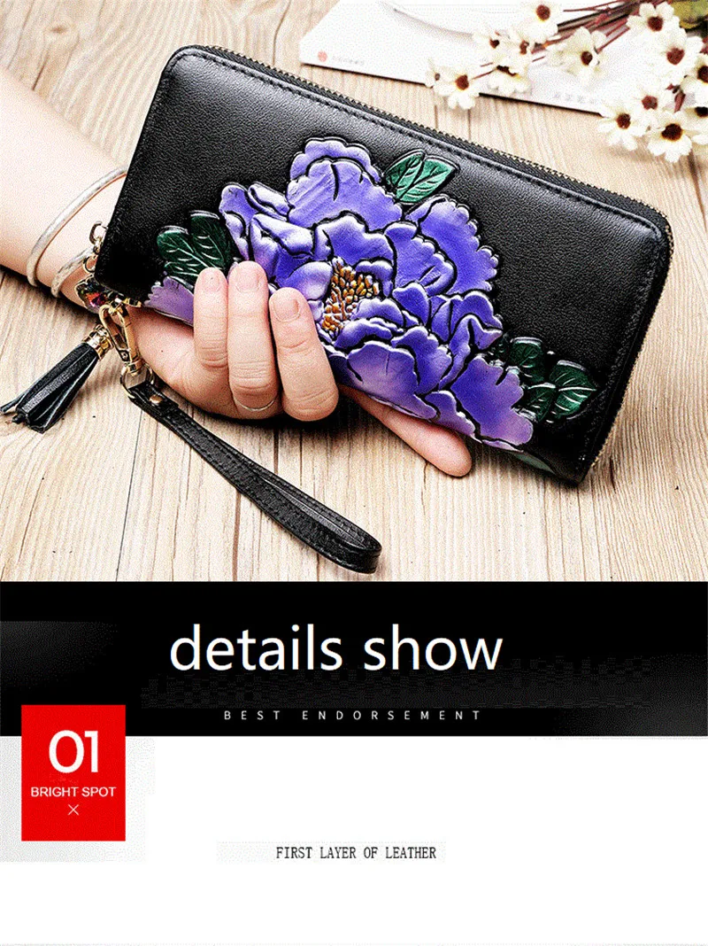 Blumenmuster Echtleder-Geldbörse für Damen Große Kapazität Damen-Ledertasche 2026 Neu RFID Damen-Clutch für Karten und Mobiltelefon – Detail 17