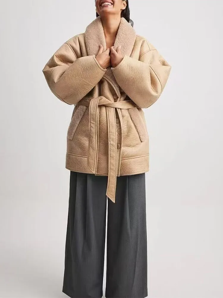 

Autumn new women's fashion European and American casual versatile belt single-breasted lamb fur coat