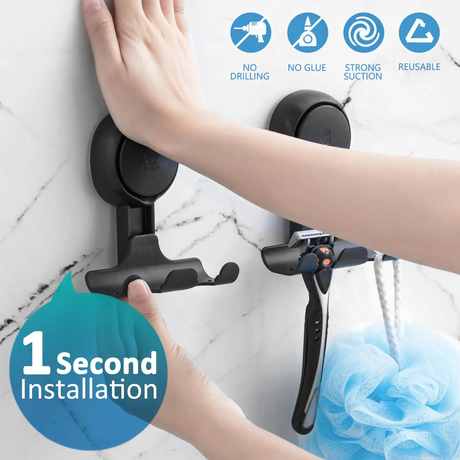 TAILI 2pcs Shaver Holder Washroom Wall Sucker Suction Cup Hook Razor No Drilling Bathroom Removable Reusable Shaver Holder Hook 4