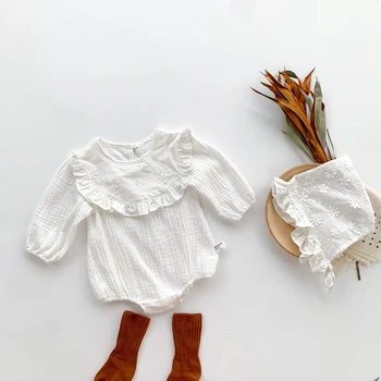 Pagliaccetti per neonati Manica lunga Abbigliamento per neonata Pagliaccetto in morbido cotone bianco Body + Cappello Abiti per neonati primavera autunno