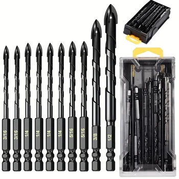 10 Pcs Masonry Concrete Drill Bit Set,for Tile, Brick, Glass, Plastic and Wood, Tungsten Carbide Tip Work with Ceramic Tile 1