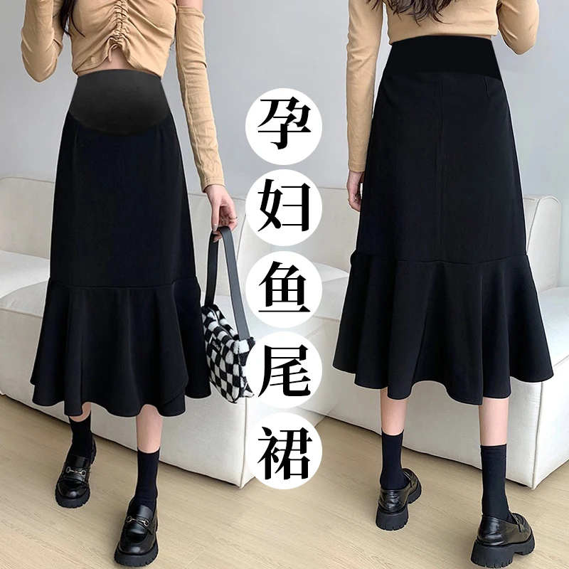 2230# Autumn Fashion Black Ruffle Maternity Skirts Elegant A Line Slim Belly Bottoms Clothes for Pregnant Women Pregnancy
