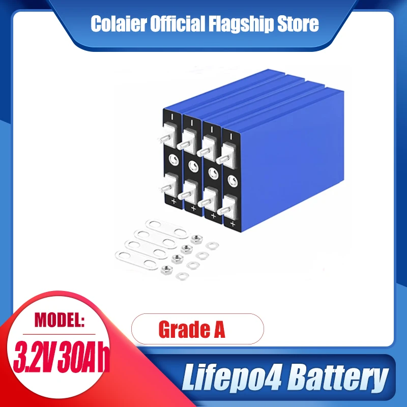 

4pcs Colaier 3.2V 30Ah LiFePO4 Battery Cell Lithium Iron Phosphate Deep Cycles for Diy 12V 24V 36V 48V Solar Energy UPS Power