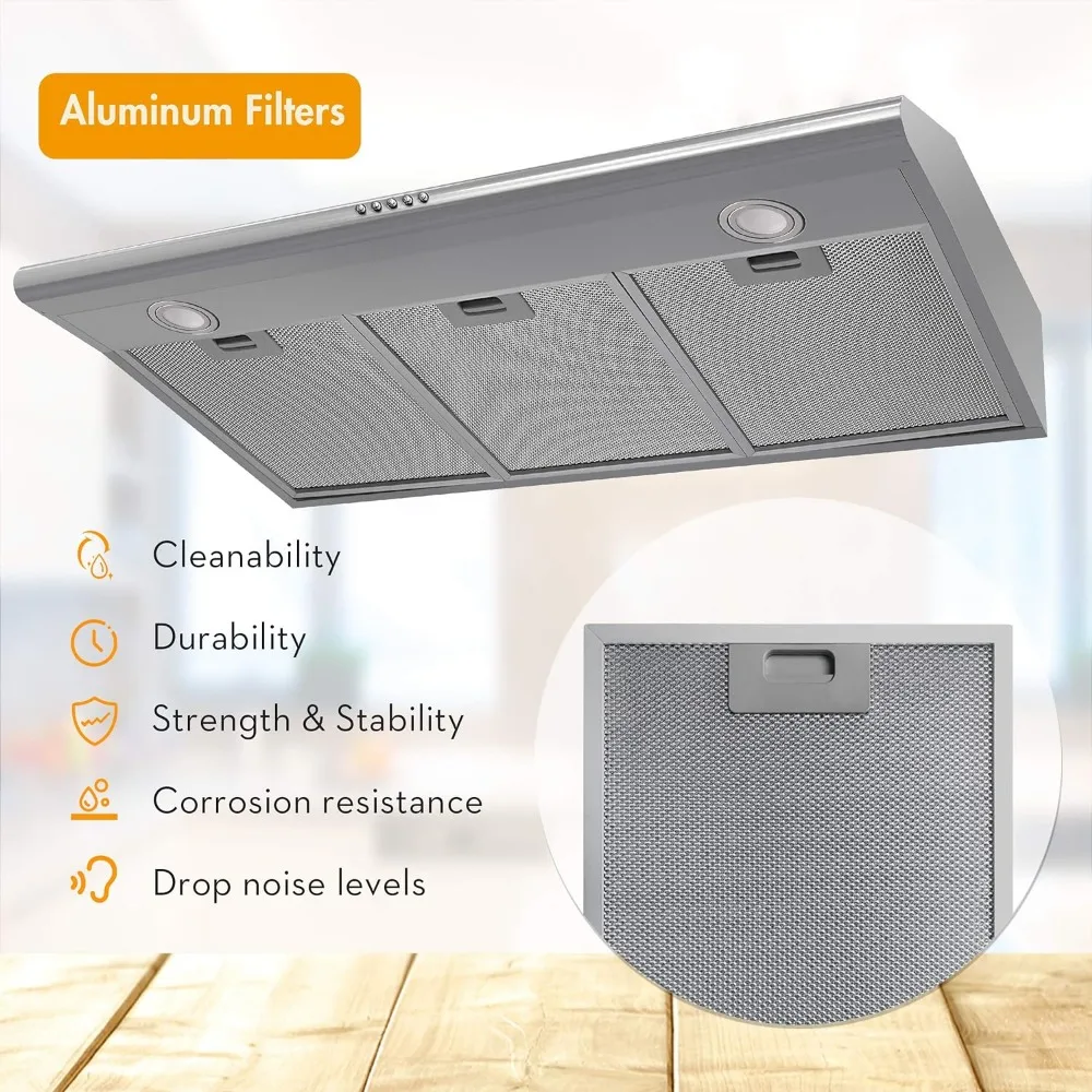Under Cabinet Range Hood 36 inch with Ducted/Ductless Convertible, Slim Kitchen Stove Vent Hood, LED Light, 4