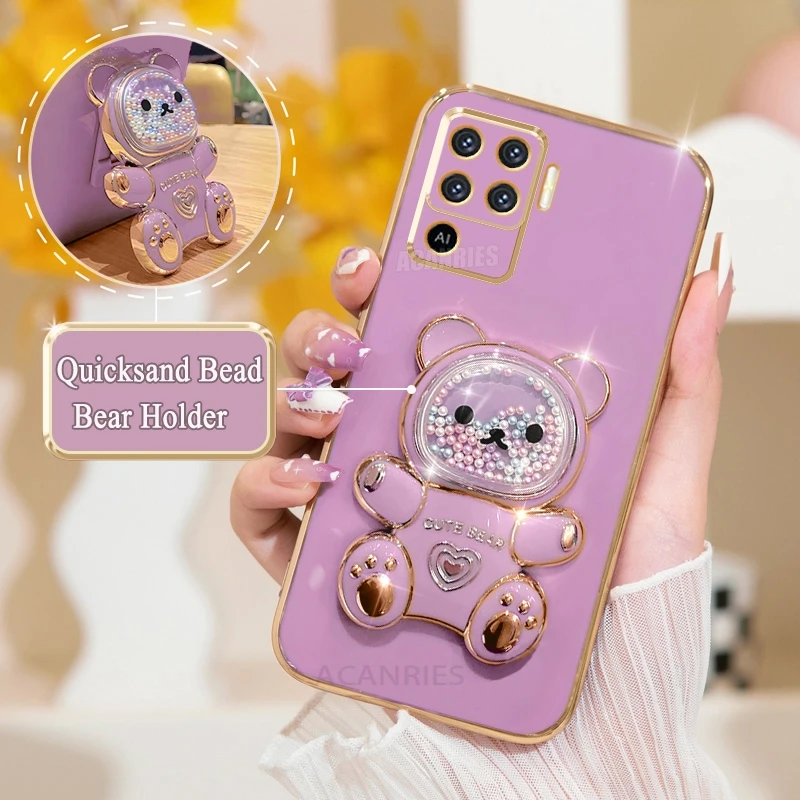 Cute Plating Quicksand Bear Stand Silicone Case