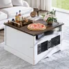 Square Coffee Table, Farmhouse Coffee Tables for Living Room, Wood Coffee Table with Storage, White Coffee Table with Hidden 3