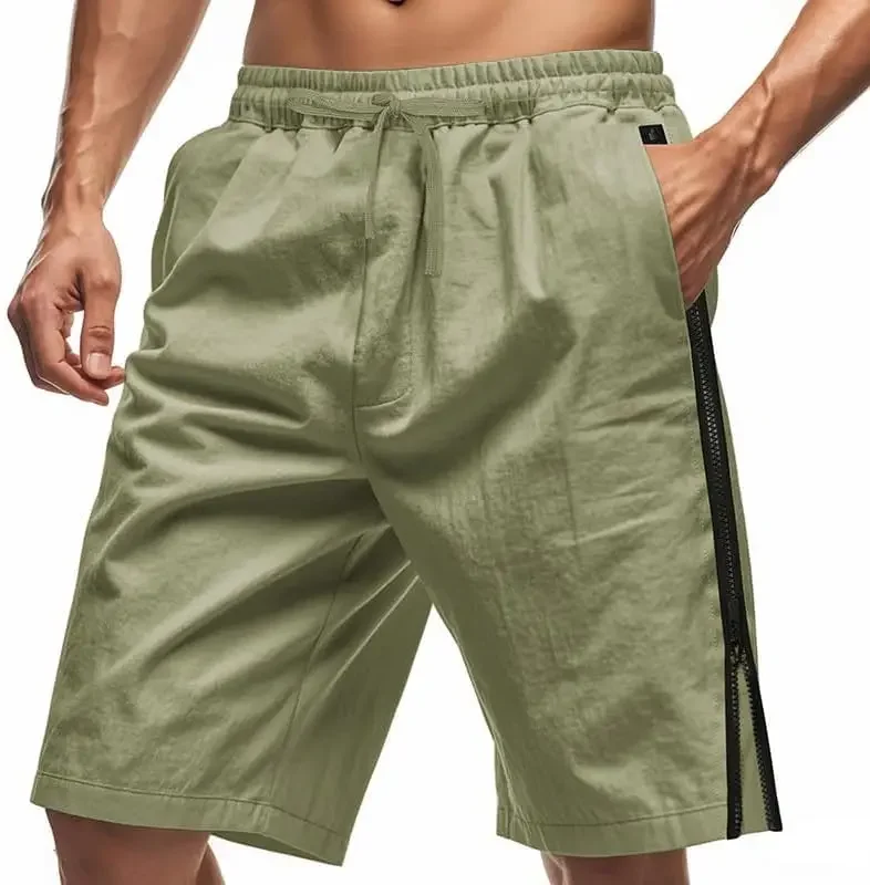 Mens Casual Shorts Side Zipper Beach Gym Short Pants Elastic Waist Drawstring Shorts with Pockets