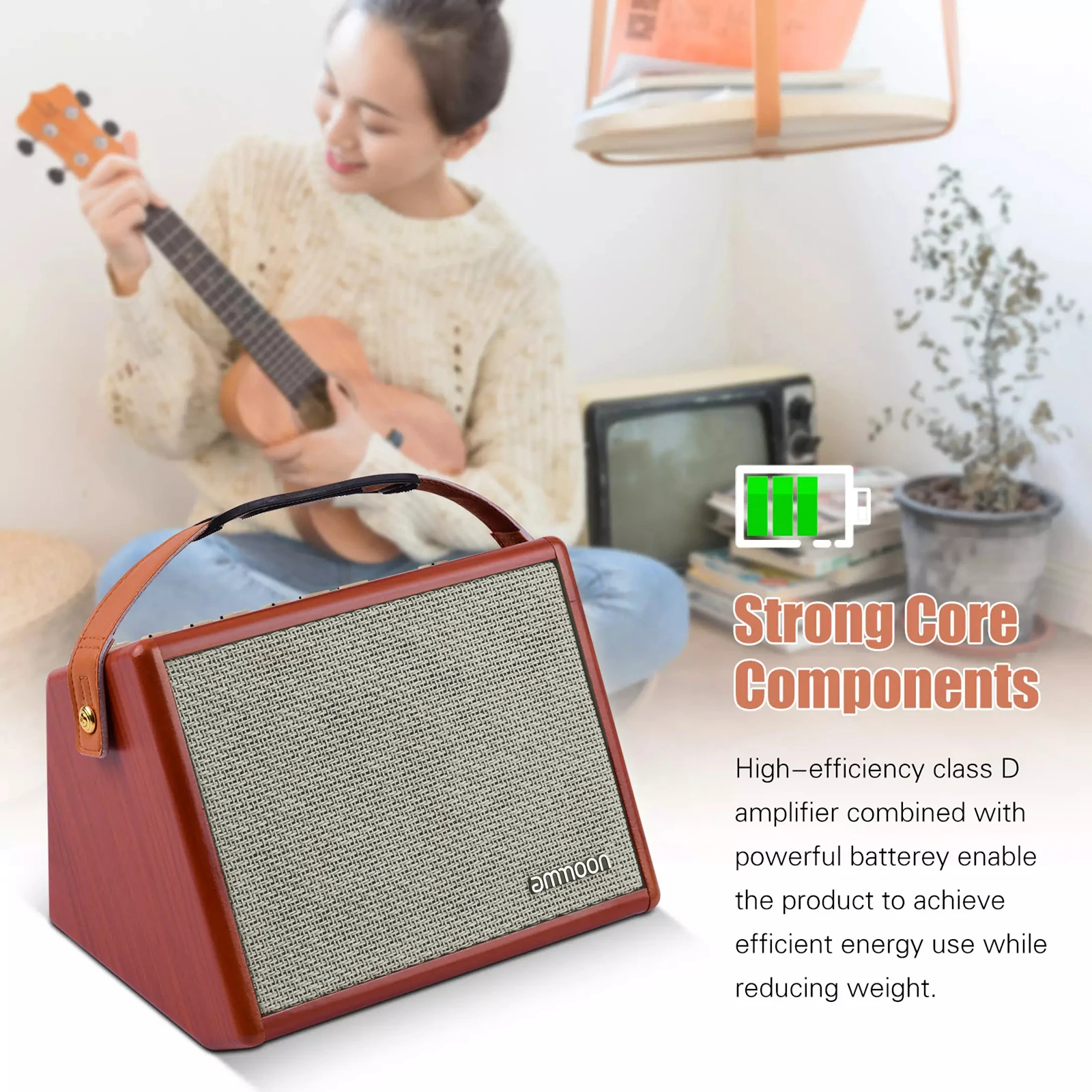ammoon AC-25 25W Portable Acoustic Guitar Amplifier Rechargeable Wireless BT Speaker Indepedent Reverb Microphone Available