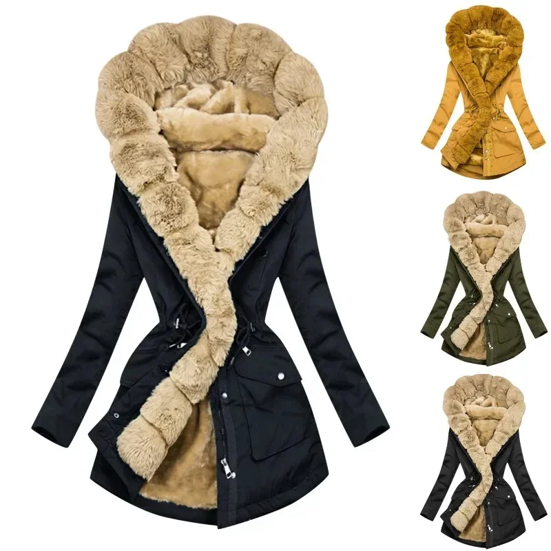 Women Fur Collar Hooded Jackets Coat Y2K Winter Coat Fur Collar Coat Autumn Long Sleeve Fur Collar Keep Warm Parkas Outwear