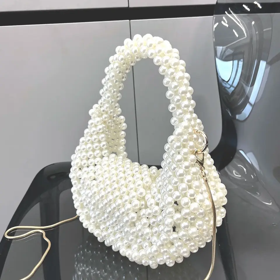 Borsa A Catena Con Perle Artificiali, Pochette Da Sera Fatta A Mano, Per Matrimoni E Feste, Bianca, Lusso - 2
