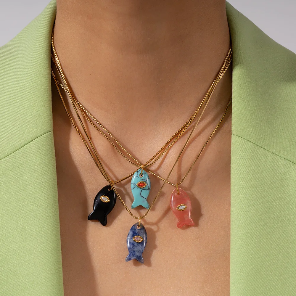 Multi-color Natural Stone Tiny Fish Pendant Neckalce Stainless Steel 18K Gold Plated Box Chain Opal Zircon Evil Eye Jewelry Gift