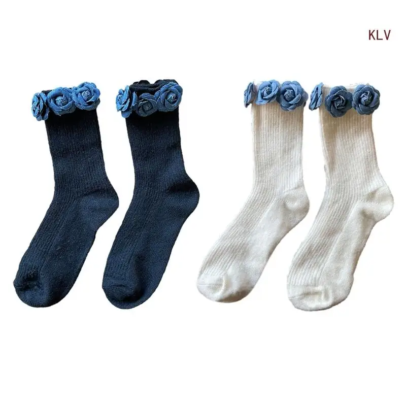 

Women JK Girl Winter Thicken Warm Faux Wool Socks Elegant 3D Camellia Flower Ribbed Knit Middle Tube Calf Socks
