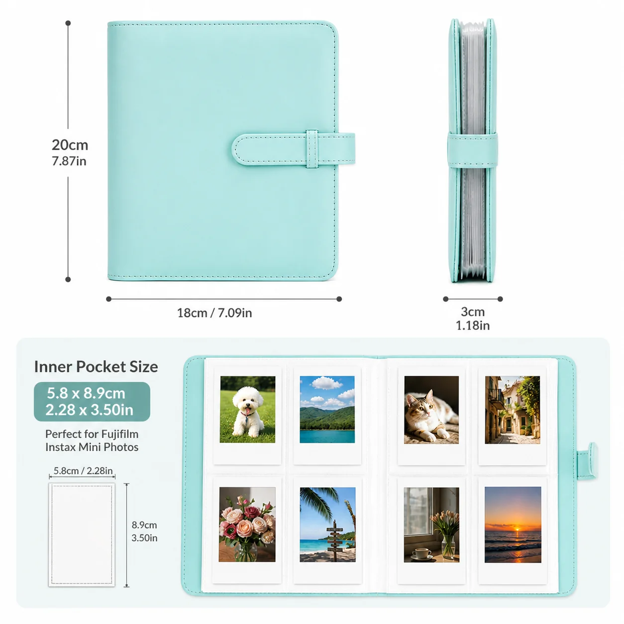 256장 포로레드 사진 앨범, 3인치 - PU 가죽 커버, 후지필름 인스탁스 미니 필름, 카드, 티켓 수납 가능 - 다양한 색상