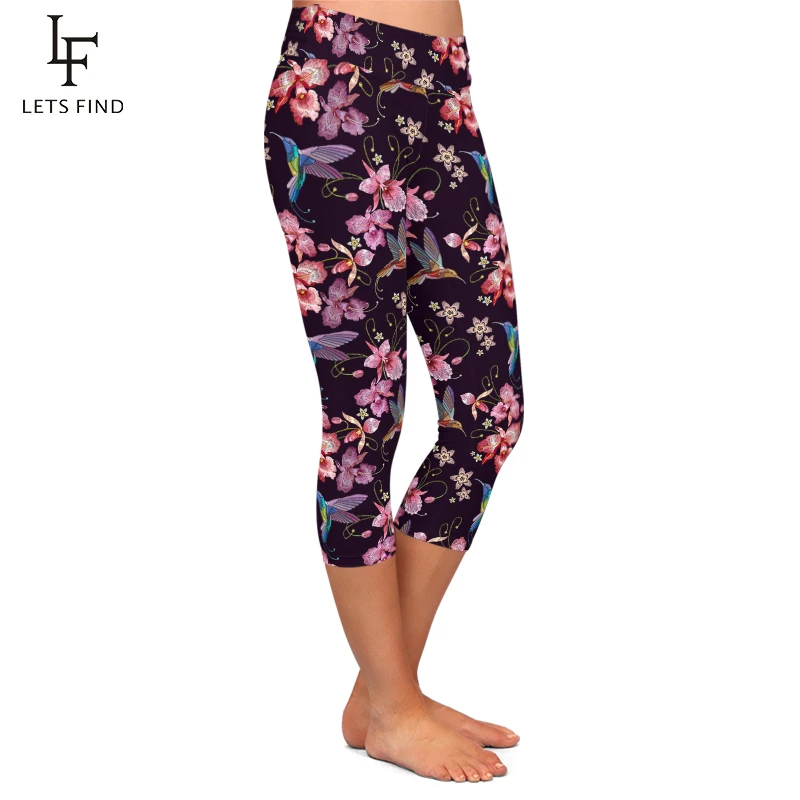 LETSFIND High Quaility 220gsm Milk Silk Birds and Orchid Print Capri Leggings High Waist Soft Stretch Leggings
