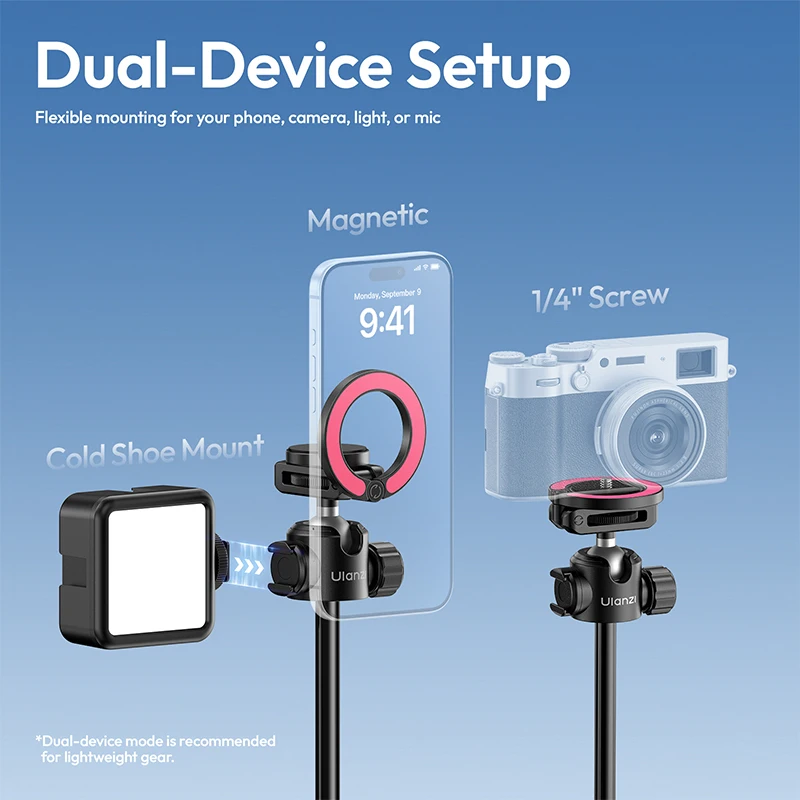 울란지 MT-44M 2-in-1 마그네틱 & 1/4인치 셀카봉 삼각대 (휴대폰/카메라용, 라이브 스트리밍 360도 지원) °   볼헤드 아웃도어 여행 브이로그