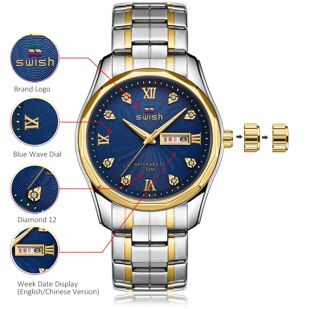 Two Tond Gold Men Watch Quartz Movement Auto Date Business Dress Clock Luxury Wild Wristwatch Steel Bracelet Relogio Masculino