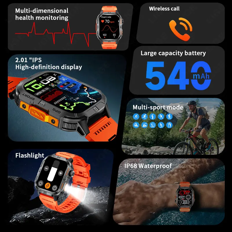 LIGE NEW GPS Smart Watch Men 2.01" HD Display Built-in Compass Flashlight Voice Call Heart Rate Sports Smartwatch 540mAh Battery