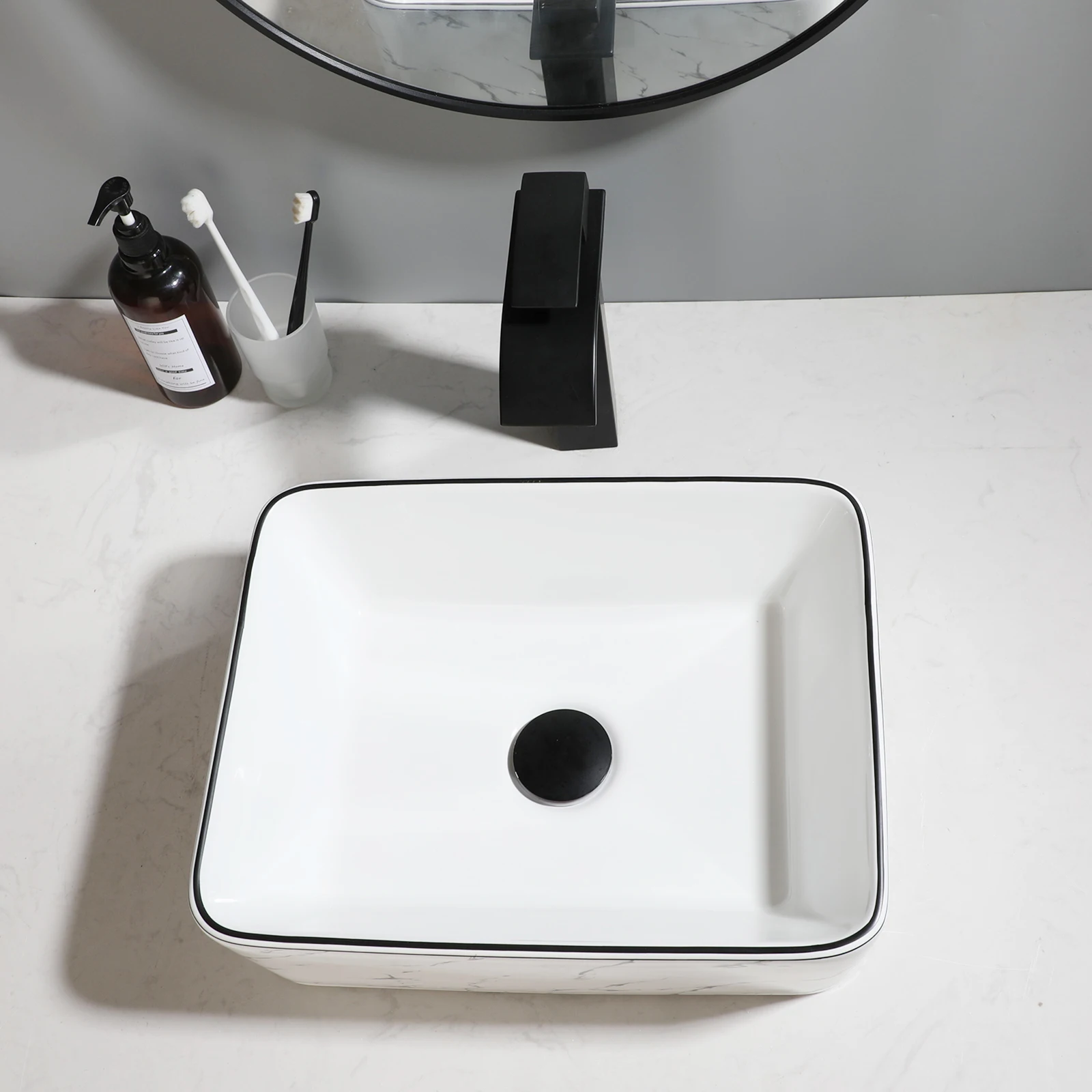 ZAPPO White Marbling Bathroom Sinks 16 inch Ceramic Vessel Sink Above Counter Bathroom Vessel Sink with Faucet and Drain Combo 3