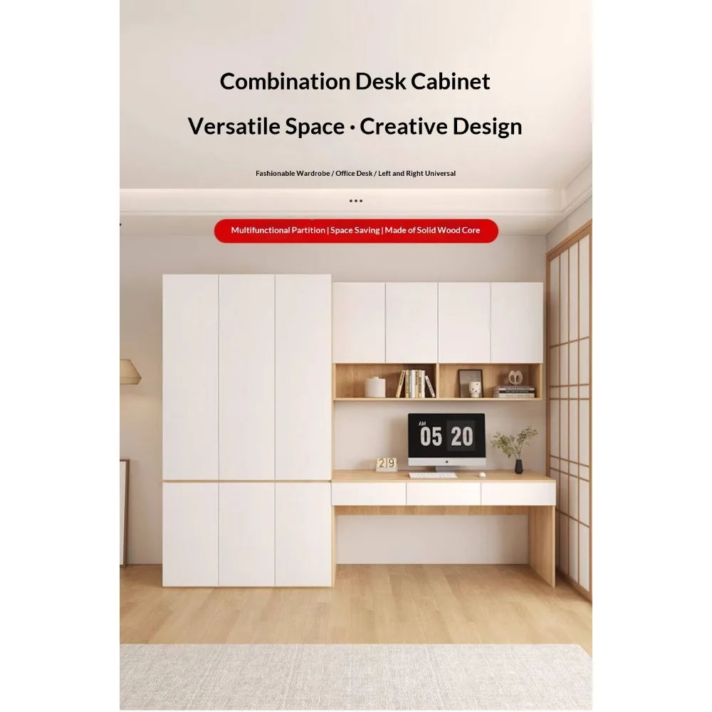 Scrivania in Legno Massello con Armadio Combinato, Mobile a Muro e Libreria Salvaspazio, Tavolo per Computer e Scrittura per Casa, Ufficio, Camera da Letto - immagine 3