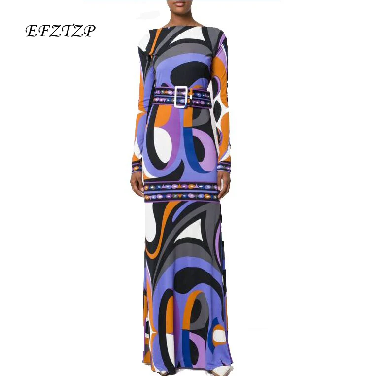 

EFATZP New Fahion Designer Luxury Maxi Dress Women's Long sleeve purple Geometry Print Stretch Jersey Silk Spandex Long Dress