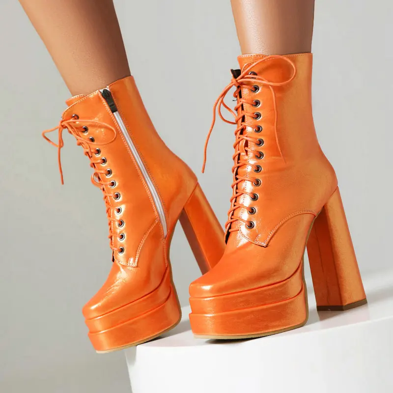 

Bright Orange Pink Yellow Color Lace-up Cross-tied Platform Sexy Women Winter Shoes Block High Heels Mid-calf Boots Big Size 48