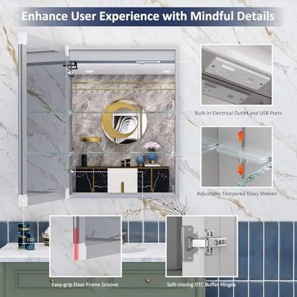 Aluminum Glass Medicine Cabinet with Lights Surface Recessed Cabinet