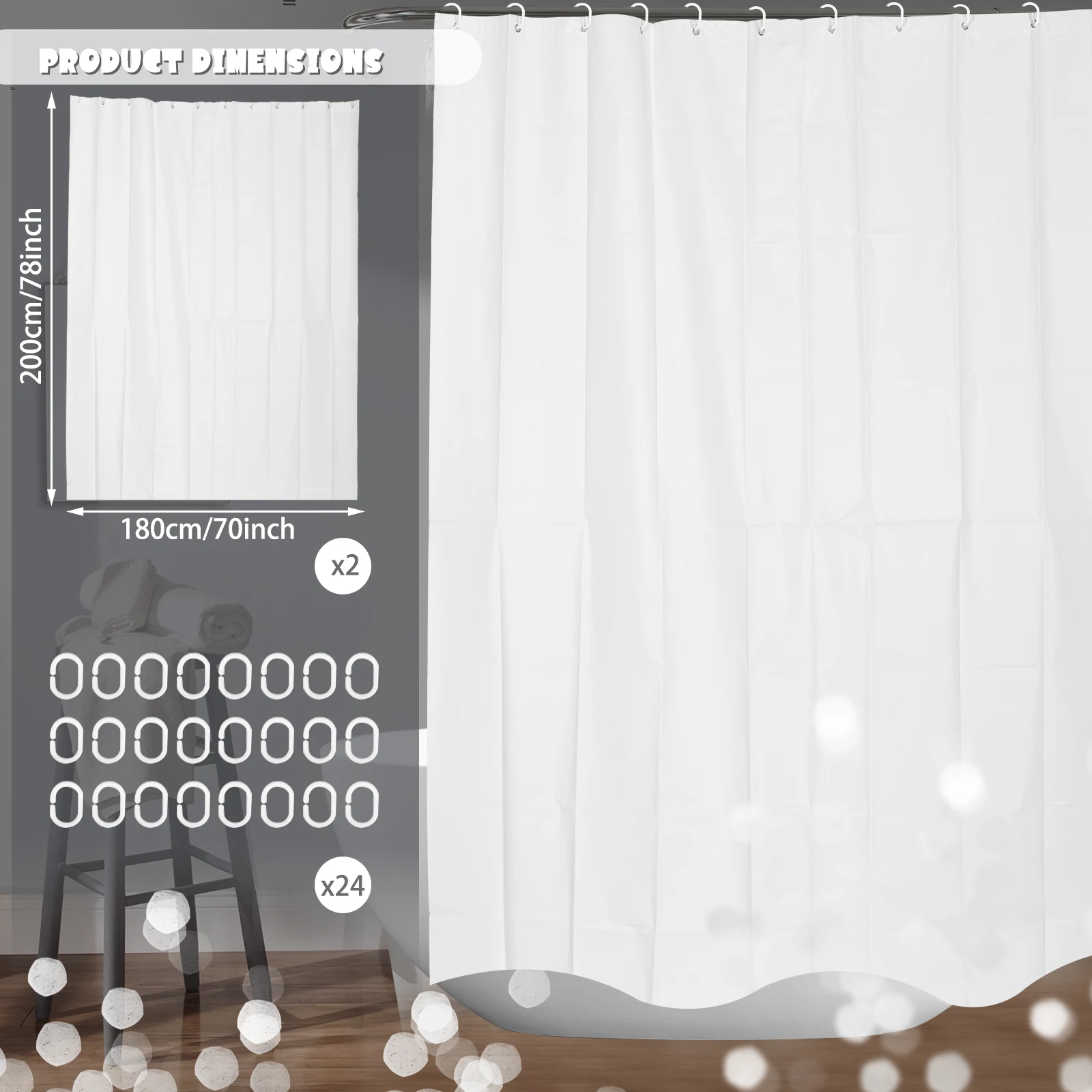 2Pcs Shower Curtain Liner Waterproof EVA Fabric Shower Curtain Liner with 24 Hooks for Home Hotel Apartment Gym Bathroom