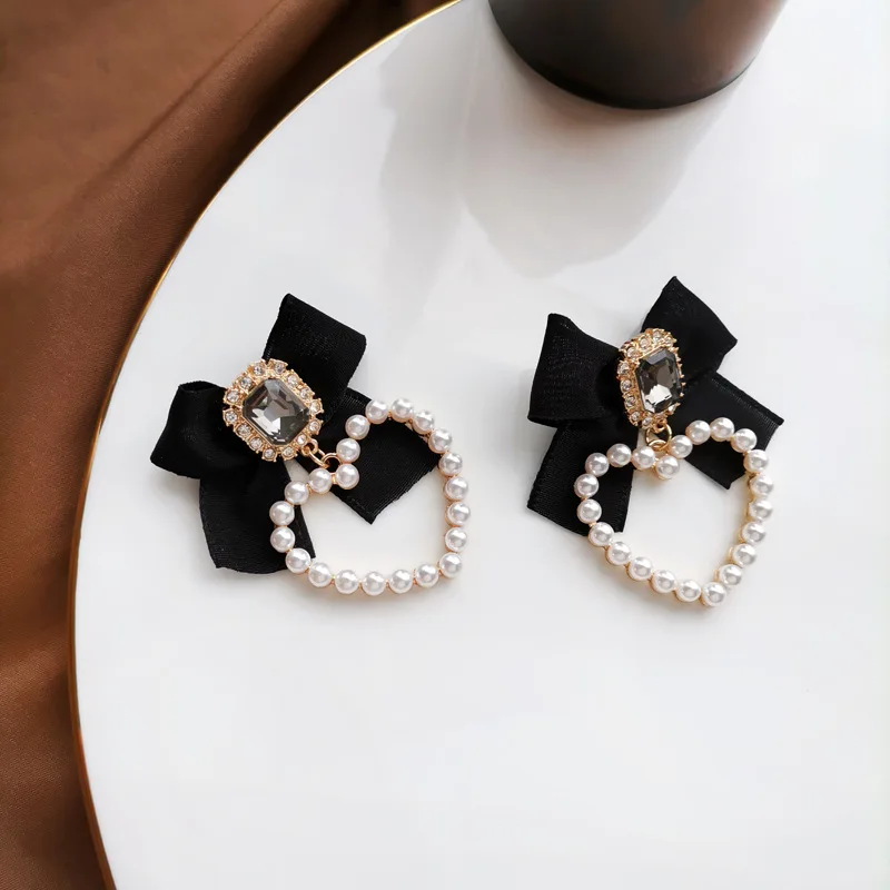 Bow Clip Earrings For Women Retro Rhinestone Black BowKnot Heart Shaped Party Jewelry