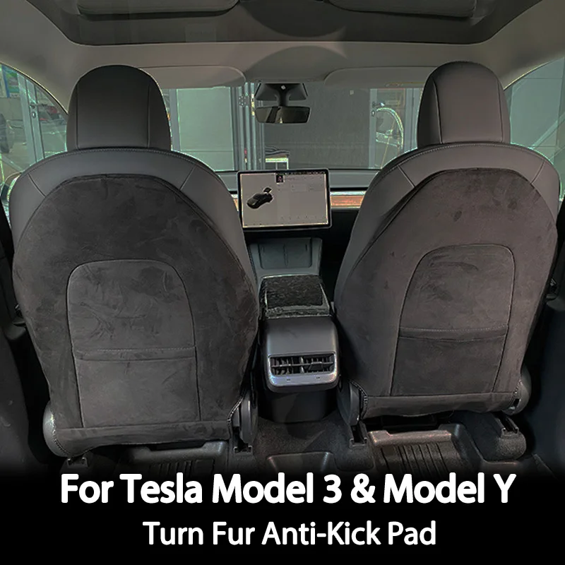 Фото Подкладка для спинки сиденья для Tesla Model Y & Mode 3, задняя крышка для автомобильных сидений, Высококачественная кожаная защитная подкладка с отворотом и мехом, чистый коврик №1