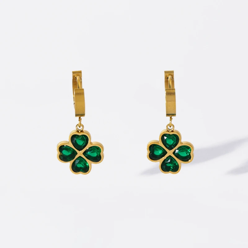 EILIECK 316L Stainless Steel Green Zircon Clover Earrings For Women Fashion Design Ear Dangle Jewelry Holiday Gift Bijoux Серьги