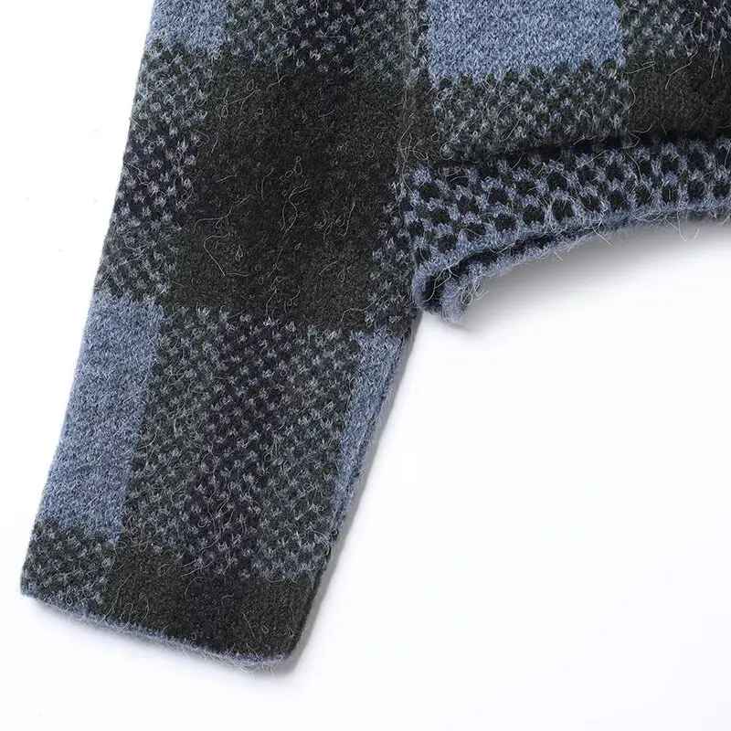 Women's Vintage Plaid Knitted Cardigan Female Loose Long-Sleeved Zipper Sweater Jacket  Autumn Winter Lady Street Knitwear Tops