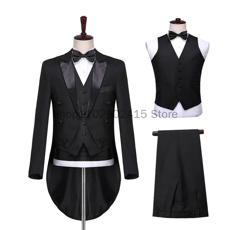 MensTuxedoTailsBlackWhiteShinyTailcoatDressCoatSwallowtailDinnerPartyWeddingBlazer