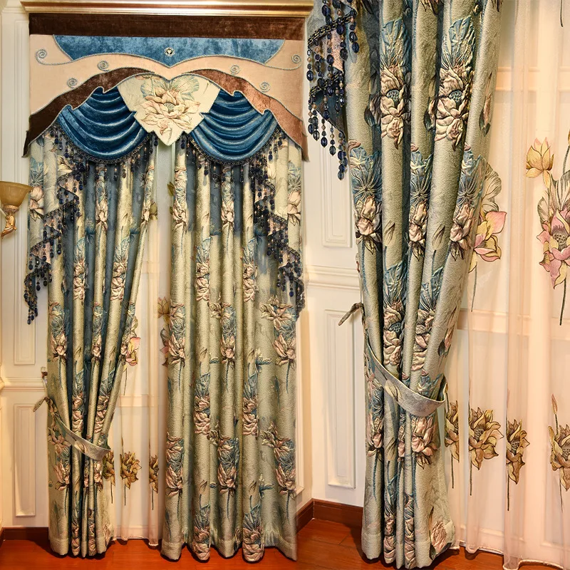 

European Luxury Lotus 4D Relief Curtains for Living Dining Room Bedroom High Precision Jacquard Window Curtain Custom Home Decor