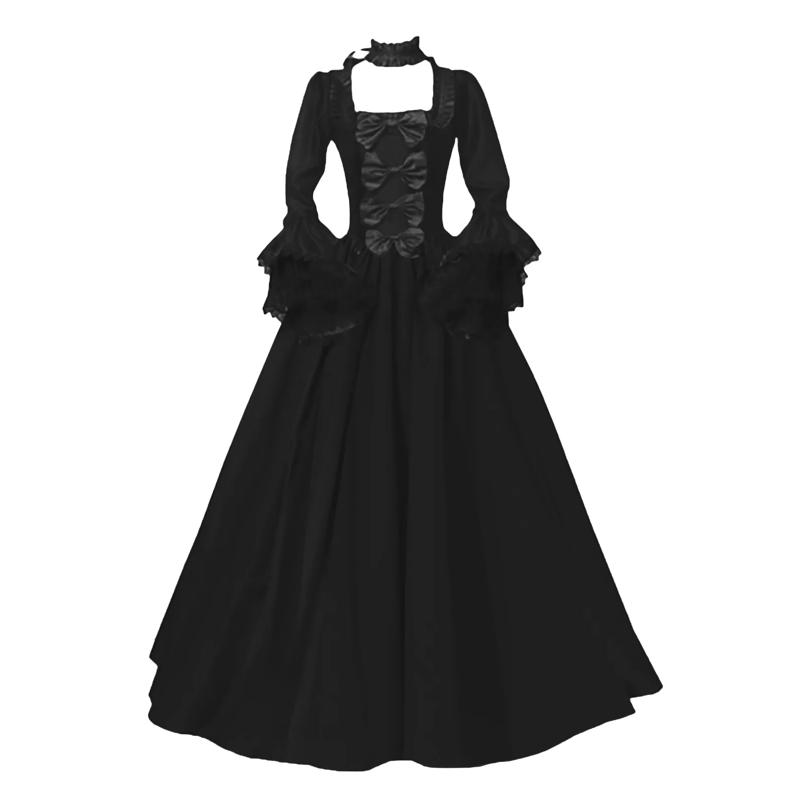 Medieval Victorian Court Lace Patchwork Gothic Dress Halloween Witch Cosplay Party Costume Square Neck Flare Sleeve Maxi Dress 4