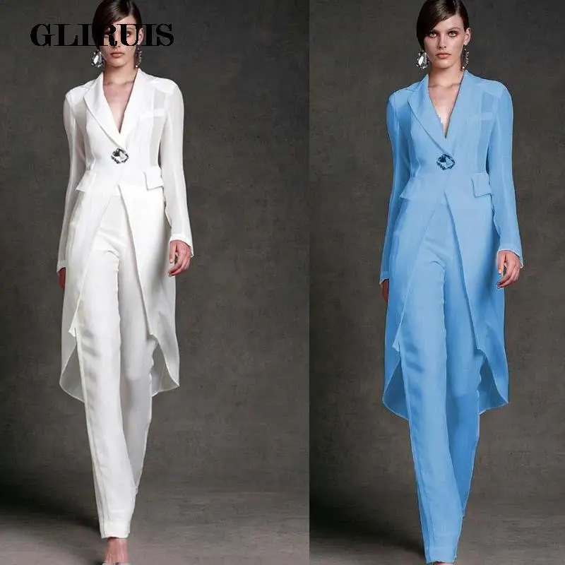 

Long Sleeves Two Pieces Mother Of Bridal Pant Suits With Jacket V Neck Groom Mothers Suits Formal Wedding Guest Party Dress