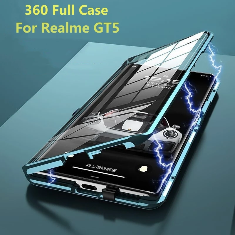 360 Full Case Per Realme Gt 5 Case Double Sided Magnetic Adsorbimento Metal Capa Tempera Glass Clear Cover Per Realme Gt5 5G