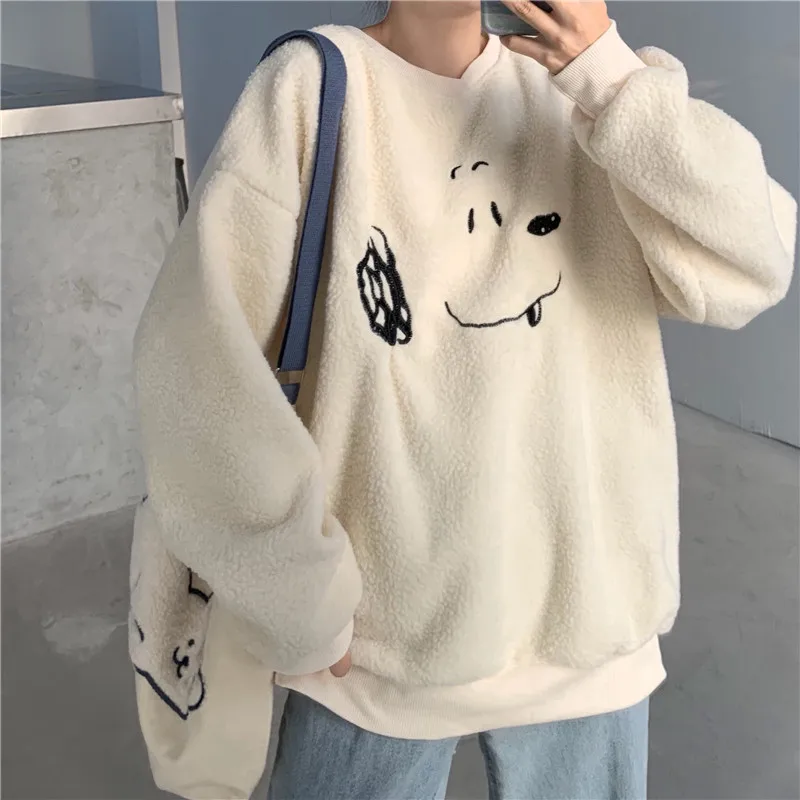 Winter New Arrivals Women Hoodie Sweatshirt Sweet Girly Style Apricot Lamb Wool Embroidery Cute Puppy Female Loose Pullover