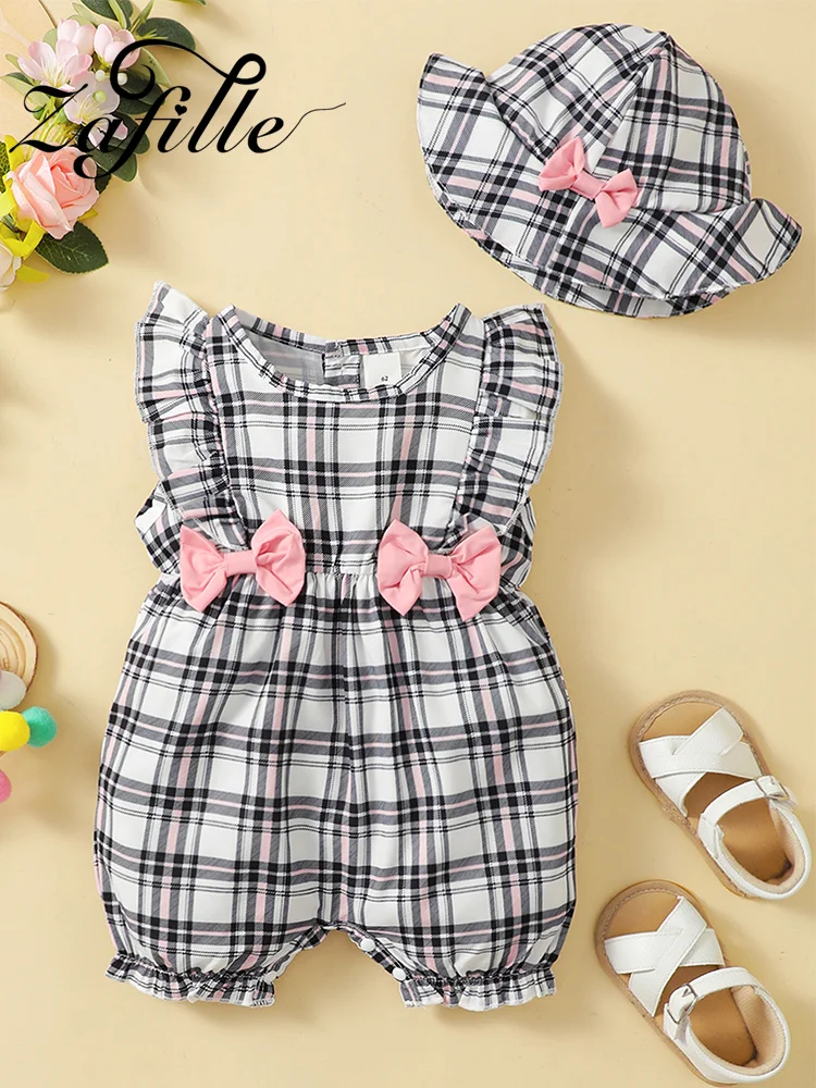 ZAFILLE  2Pcs Plaid Baby Girls Rompers With Hat Sleeveless Bowknot Newborn Jumpsuit For Kids Girls Clothing Summer Baby Outfits Baby Bodysuits for girl 