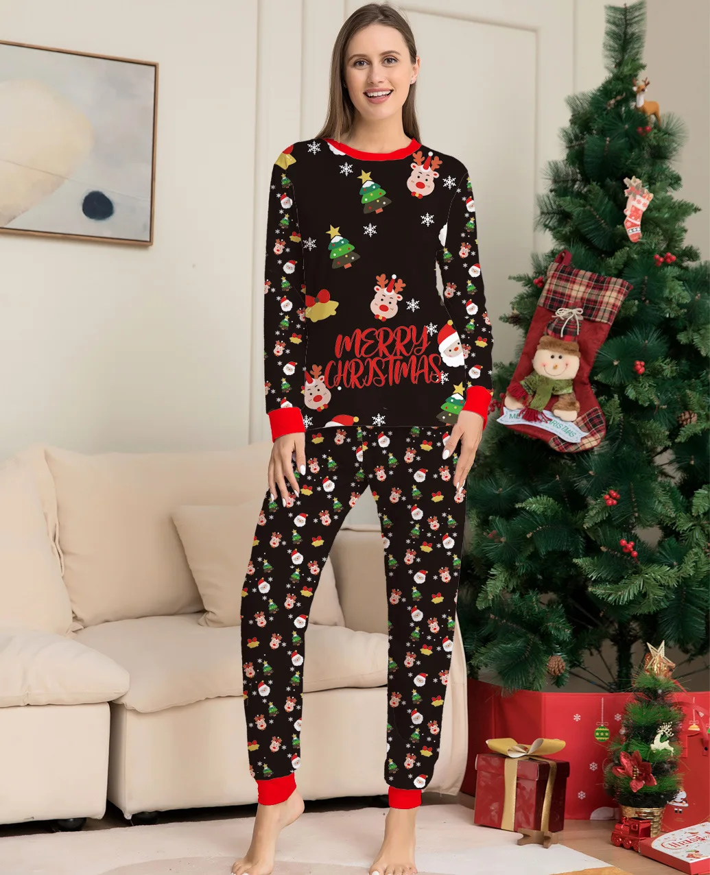 thumbnail image 5 of Conjunto de pijamas a juego para toda la familia de Navidad 2024, pijama con estampado de Papá Noel y ciervo navideño, conjunto de ropa para adultos y niños, mono de bebé y ropa para perros, 5 of 5