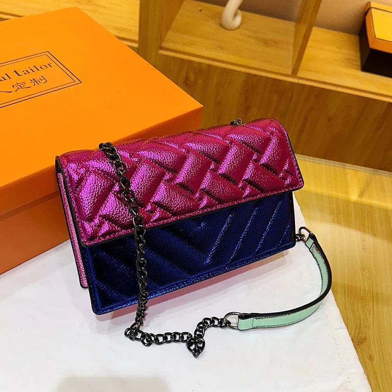 Women's K-G Colorful Splicing Chain Bag Fashionable And Versatile Grid Embroidery Bag Single Shoulder Crossbody