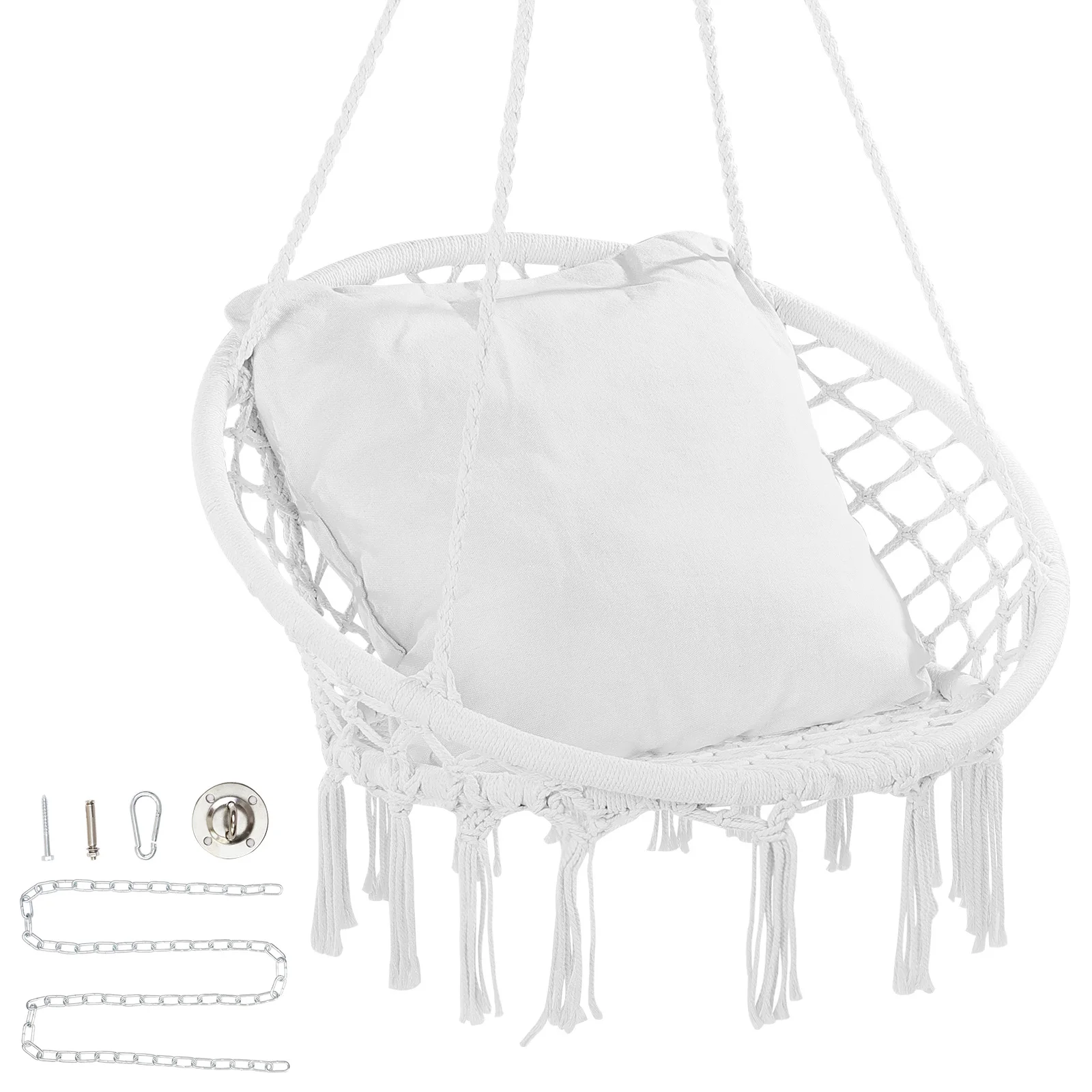 Hanging Hammock Swing Chair 330lbs Macram&eacute; Hanging Chair Cotton Rope Swing for Bedroom Balcony Patio Garden White