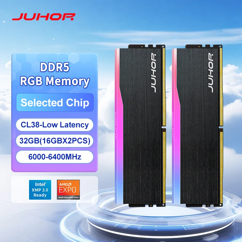 JUHOR Memoria Ram DDR5 RGB 16GB 6000MHz 6400MHz Computadora de escritorio PC5 Memoria regulable de alto rendimiento