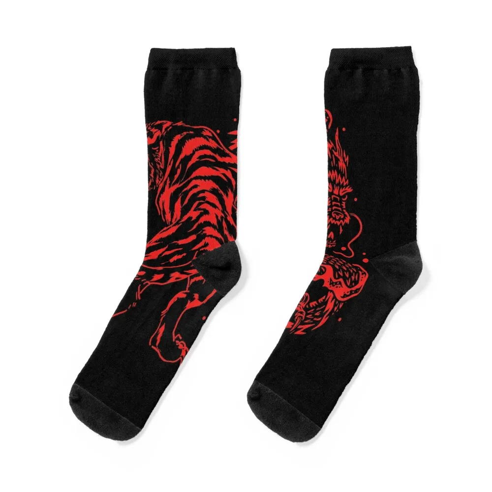 

Tiger and Dragon Yin Yang Tattoo Style Red Print Socks loose summer Socks For Men Women's
