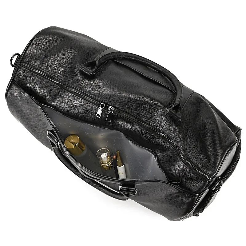 Mens Genuine Leather Travel Bag Black Fitness Bag with Waterproof Shoe Position Handbag Top Layer Cowhide Crossbody Bag