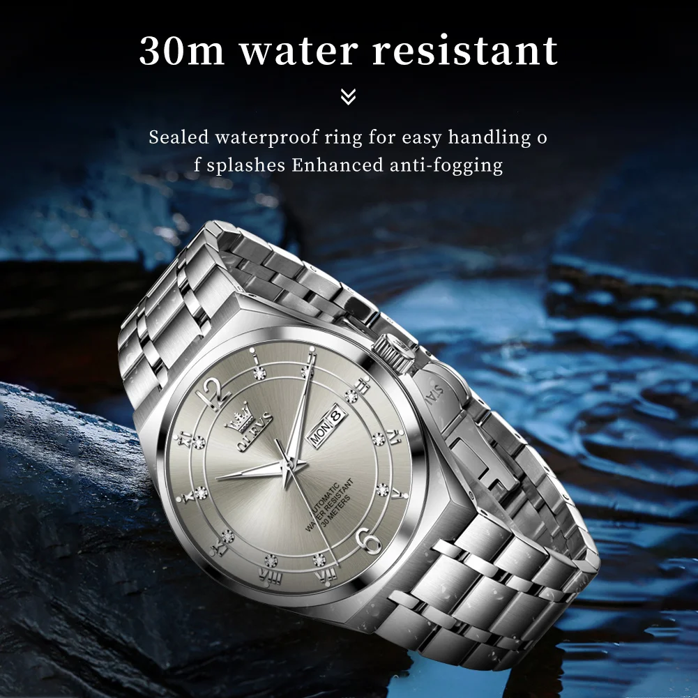 OLEVS 7068 Automatic Watch For Men Dual Calendar Business Mechanical Wristwatch Stainless Steel Waterproof Fashion Man Watches